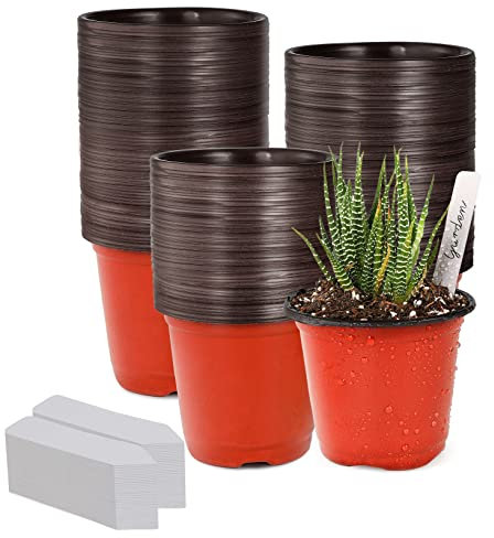 TDHDIKE Pflanztöpfe aus Kunststoff, Blumentöpfe, Pflanzkübel, 10,2 cm, kleine Pflanztöpfe, Setzlinge, Blumenpflanzenbehälter, Samen-Anfangstöpfe für Pflanzen, mit Pflanzenetiketten, Rot, 200 Stück