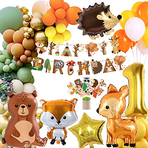 1 Geburtstag Deko Junge Mädchen,Kindergeburtstag Deko,Geburtstagsdeko 1 Jahr,Waldtiere Dschungel Geburtstag Deko,Orange Braun Luftballon mit Happy Birthday Banner,Kuchendeckel
