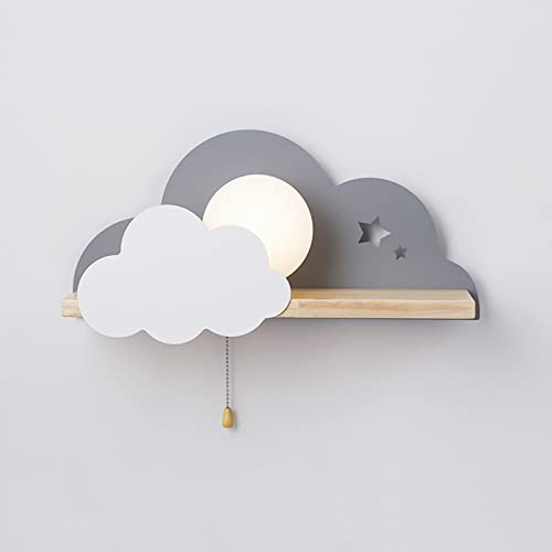 ANKBOY Wolken Kinderzimmer Wandleuchte, Kinder Wandlampe mit Zugschalter, Massivholz Wolken Nachttischlampe, Innen E27 Wandbeleuchtung für Kinderzimmer Schlafzimmer Arbeitszimmer (Grau)