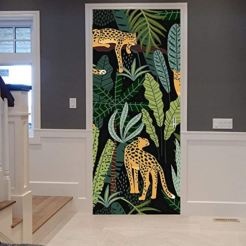 Türtapete Selbstklebend 95 X 215 Cm Tier Leopard Pflanze Grünes Blatt Dschungel Türtapete Selbstklebend Türposter,Fototapete Selbstklebend 3D Pvc Türaufkleber Diy Türbild,Türfolie Poster Tapete
