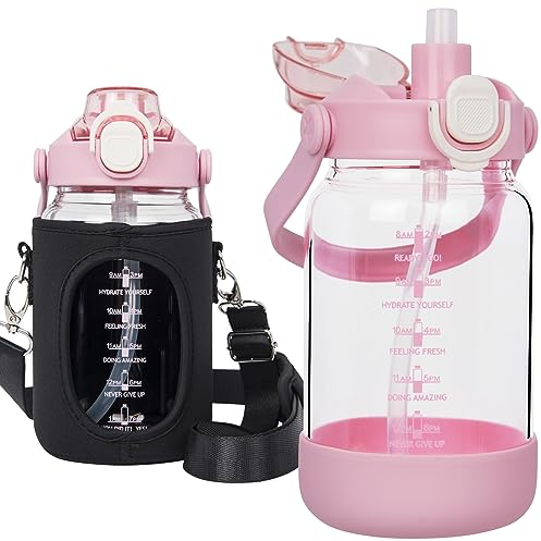 Seekua 1l Sport Gourde Verre avec Paille & Infuseur à Fruits 1 litre grande Bouteille d'eau Verre avec Marqueur de Temps & Heure de Motivation