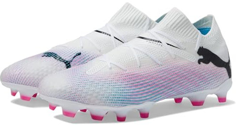 PUMA Future 7 Pro - Tacos de fútbol para suelo firme/artificial, Puma Blanco/Puma Negro/Rosa Poison, 47 EU