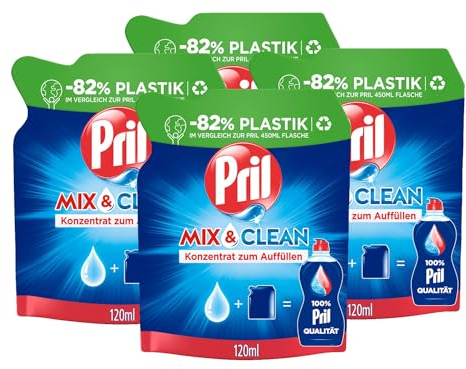 PRIL Mix & Clean Konzentrat zum Auffüllen (4x 120 ml), Handgeschirrspülmittel mit höchster Fettlösekraft, für sauberes Geschirr auch in kaltem Wasser, 82% weniger Plastik