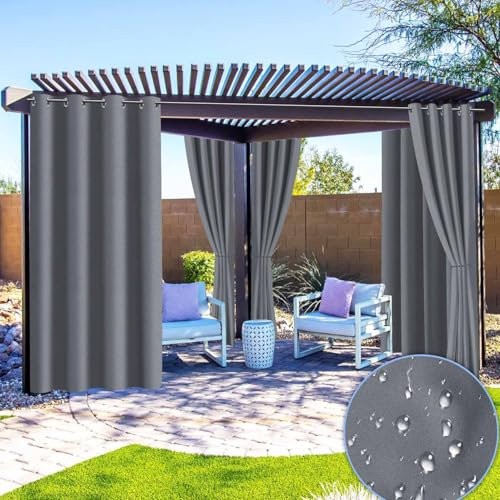 Fiqops Garden Outdoor Vorhang Wetterfest, Outdoorvorhänge mit Ösen(1.6 inch), Vorhang Sichtschutz Sonnenschutz für Terrasse, Balkon, Pavillon, Vorhang 244x132CM (HöhexBreite) Grau,1 Stück
