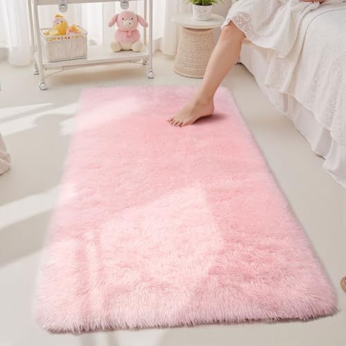 Sour Lemon Teppich Schlafzimmer 60x220cm, Rosa Teppich Flur Läufer | Rutschfest Schlafzimmer Teppich Waschbar Flauschiger Wohnzimmerteppiche Zottelige Weiche Teppiche für Kinder Flur Wohnzimmer