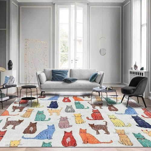 Tytyozay Groß Rechteckigen Teppiche, Moderne Süße Bunte Cartoon-Katze Carpet Anti-Rutsch Waschbarer Home Teppich Für Kinderzimmer, Schlafzimmer, Wohnzimmer,Grau,50x120cm(20x47inch)