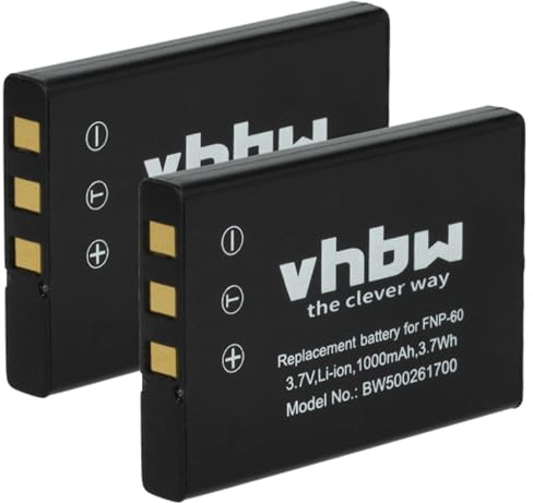 vhbw 2X Akku kompatibel mit Toshiba Camileo Pro HD, P30, P10 PX1488K, P30 PX1497K, P30 HD Pro, Pro, P20 Kamera (1000 mAh, 3,6 V, Li-Ion)