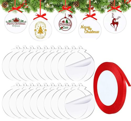 QIBZI Bastelplatten Runde Acrylplatten, geeignet zum Basteln, als Weihnachtsbaumbehang, 20 Stück Acrylplatten plus eine Rolle rotes Band