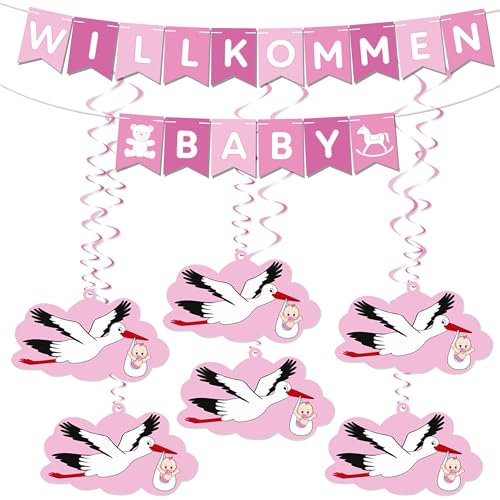 BRUBAKER Willkommen Baby Girlande für Mädchen - Wimpelkette mit Storch Anhängern und Deko Wirbel Spiralen - Willkommensdeko Set für Zuhause, Babyparty und Babyzimmer Dekoration - Rosa