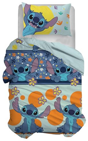 Disney Bettwäsche-Set für Einzelbett, Bettbezug + Kissenbezug, Bettbezug mit Kissenbezug, Bettbezug 155 x 200 cm, 100% Baumwolle, Stitch (kein Spannbettlaken)