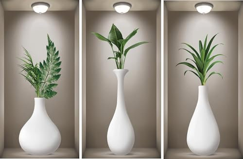 TOARTI 3 Stück 3D Wandaufkleber Vase,Grüne Pflanzen Wandsticker,Vasen Wandtattoo für Wohnzimmer,Weiße Flasche Grünes Blatt Wandbilder für Schlafzimmer Büro Küche Vinyl Wanddeko,20×40CM
