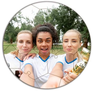 Personalisiertes Fußball-Fotopuzzle aus Holz - 16 Teile, Ø 28 cm - mit eigenen Fotos und Texten selbst gestalten - optional mit Geschenkbox