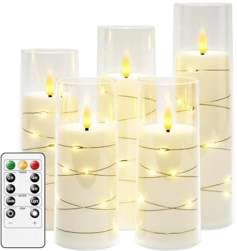 salipt Flameless Candles, LED Battery Operated Flickering Candles, Moving Flame Electric Candle Sets Glass Effect with Remote Timer, Set of 5, H 5 6 7 8 - Fairy Lights
