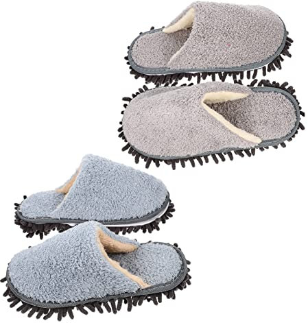 KICHOUSE 2pares Pantuflas para Limpiar Pisos De Hogar Zapatillas De Invierno con Desmontable Reutilizables De Azul y Gris Absorbentes y Cómodas para Mopa