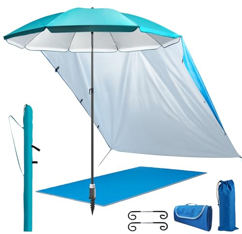 4smile Sonnenschirm Strand 5er-Set Türkis – UV50+-Schutz, Ø 200 cm, mit großer Stranddecke (1,5 x 2 m), praktischem Sonnensegel Strand, Schirmständer Erdspieß & robuster Schirmhülle