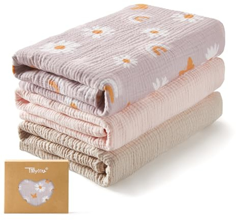 TILLYOU 3er Set Musselintücher Baby Pucktuch 75x100 cm Musselin Decke Baby Pucktücher 100% Baumwolle Babydecke, Rosa Schmetterling