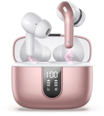 Bluetooth Kopfhörer | In Ear kabellos Noise Cancelling Sport Headset | Ohrhörer | Wireless Earbuds | LED Anzeige Rosegold mit Mikrofon Telefonie | Sound Bass | IPX7 Wasserdicht USB-C kleine Ohren