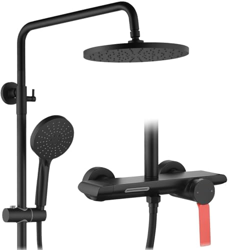 Duschsystem,3-in-1-Duschset Schwarz,mit 260 mm runder Regenduschkopf,3 Modus Handbrause,und einem unteren Wasserauslass,360° Verstellbarer Regendusche Duschkopf,Multifunktionales Ablagefach
