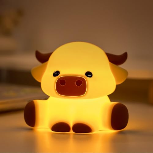 Gemmac Highland Cow Nachtlicht Kinder, Hochlandrind Süßes Silikon Nachttischlampe, 7 Farben LED Nachtlampe mit 30 Timer Dimmbar, Tiere Touch Lampe für Home Decoration Geschenke für Jungen und Mädchen