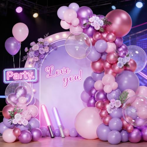 QIFU Kit Arco Palloncini Viola Rosa, 113 Pcs Palloncini Compleanno Rosa Viola Ghirlanda Palloncinis Pink Per Birthday Compleanno Decorazioni Anniversario Matrimonio Fidanzamento Baby Shower