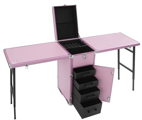 Professioneller Kosmetikkoffer auf Rädern mit Doppeltisch und Schloss, Rollen mit Feststellbremse, mobiler Makeup Trolley für Nagelstudio, Friseur, und Makeup Station (Rosa)