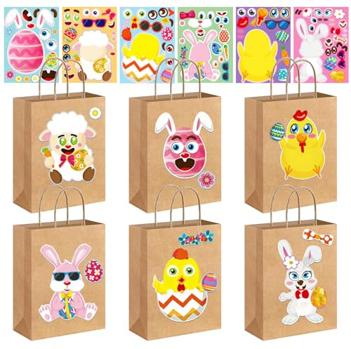 Ostertüten Zum Befüllen Geschenktüten,6 Stk Geschenktüten Ostern,DIY Oster Papiertüten mit Henkel,Ostertüten Kraftpapier,mit Aufklebern für Osternest Dekoration und Mitgebsel,Verpacken von Geschenken