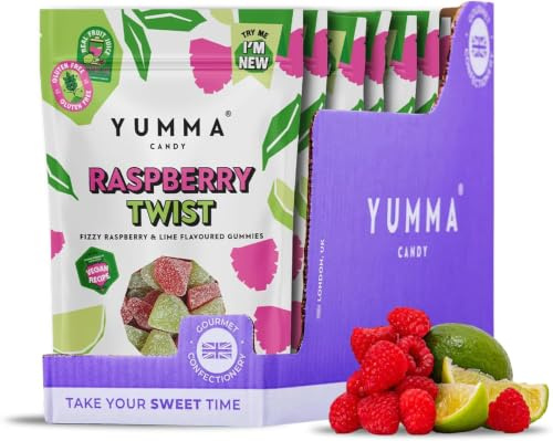 Yumma Candy - Raspberry Twist 7 Pack, Fizzy Raspberry & Lime Gummies - Vegan, Gluten Free, Palm Oil Free - Real Fruit Juice Natural Sweets - Tangy Chewy Candy Multipack - 138g Each, 7 x Bags