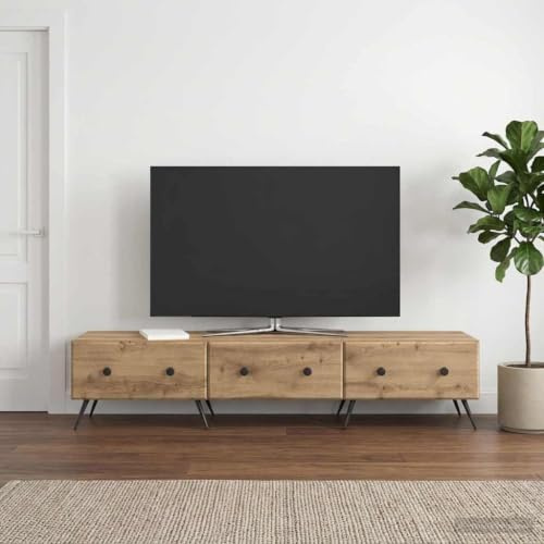 zylophax Mobile TV in legno ingegnerizzato rovere artigianale con gambe in metallo, 147 x 34,5 x 30 cm, supporto per televisore con cassetti e ripiani