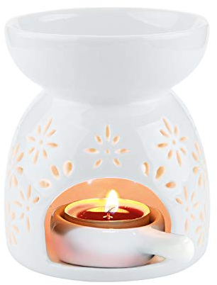 ComSaf Wax Melt Essential Oil Burner White - Flower Pattern, Ceramic Aroma Burners Assorted Wax Warmer Aromatherapy Tarts Holder Candle Scented Diffuser Home Bedroom Decor Christmas Housewarming Gift