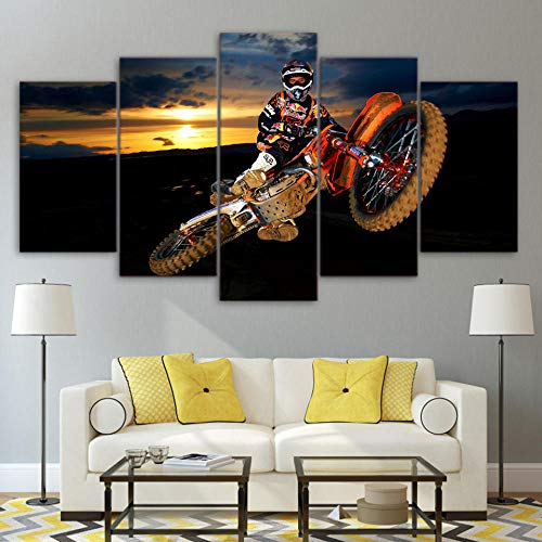 Amdai Wohnzimmer Wandkunst Bilder HD gedruckt 5 Panel Action Motocross Moderne Malerei auf Leinwand Poster + Sky Sunset Motorrad Motocross