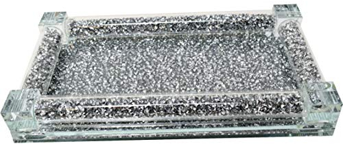 Glass Mirrored Tray with Crushed Diamonds Frame Rectangle Decorative Display Tray for Home Decor