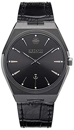 Kistanio Milano Herrenuhr mit Echtlederarmband 10ATM Saphirglas Gunmetal Schwarz GM-BK-L-BK