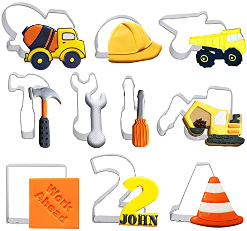 Fangleland Ausstechformen aus Edelstahl, 10 Stück, mit Muldenkipper, Traktor, Zementmischer, Hammer, Schraubenschlüssel, Fondant, Teig, Keksform für 2. Geburtstag, Partyzubehör