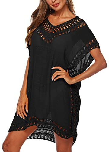 Minetom Damen Strandkleid Spitze Bikini Cover Up Sexy Strandponcho Oversize Sommerkleider Strandurlaub Badeanzug Pareos Crochet Tunika B Schwarz Einheitsgröße