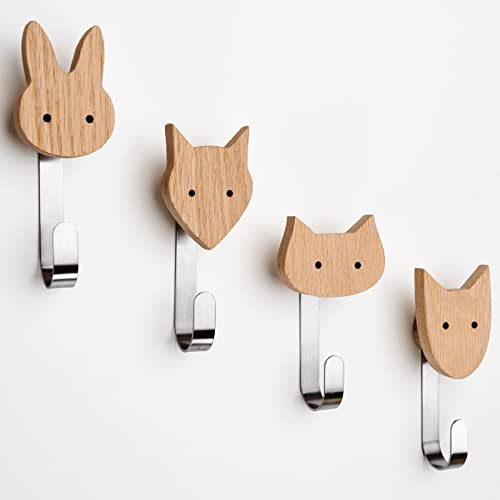 Danaven Original Kindergarderobe, Kleiderhaken für Kinder aus Holz in Tierformen, Wandhaken, Garderobenhaken für Kinderzimmer, Tiere, Hund, Katze, Fuchs, Hase, Deko (Eiche inkl. 4 Metallhaken)