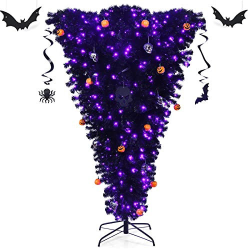 GYMAX Albero Nero di Natale/Halloween 180 cm, Illuminato a 270 Luci LED Incorporate, 810 Rami Folti in PVC, con Ornamenti di Zucca, Supporto in Metallo, Design Capovolto, Ideale per Casa e Negozio