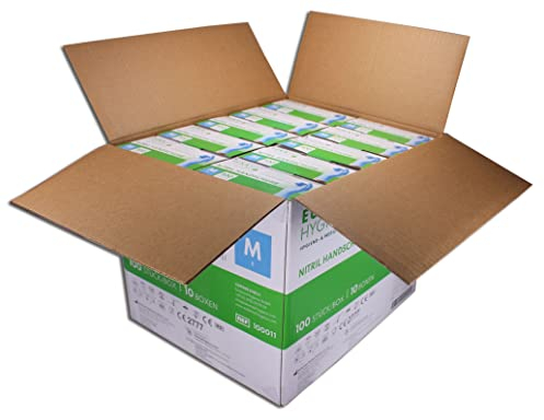 Eukamed Hygiene GmbH Nitril-Handschuhe M, 1000 Stück, puderfrei, latexfrei, hypoallergen, Lebensmittelhandschuhe, medizinische Einweghandschuhe (Karton mit 10 Pack á 100 Stück)(Größe M)