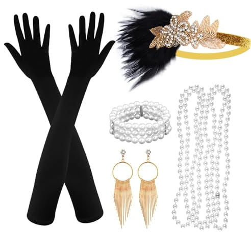 ASTARON 20er Jahre Accessoires Damen Schwarz Gold, 20er Jahre Mode, 1920er Accessoires damen, Great Gatsby Accessoires Inklusive Haarschmuck Handschuhe Halskette Ohrringe Perlenarmband