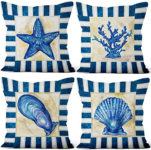 Aoihrraan 46x46cm 4er Set Dekorativ Meer Thema Kissenbezug Blau Seestern Muschel Muscheln Koralle Zierkissenbezug Quadratische Couchkissen Dekokissen Schlafzimmer Wohnzimmer Draussen Garten Sofa