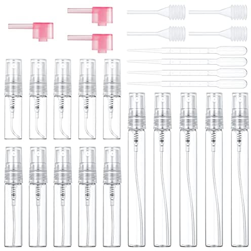 tao pipe 15 Stück Mini Feinnebel Sprühflasche Transparent Glas Reise Leere Zerstäuber Sprühflaschen mit Pipetten und Presskopf für Parfüm, Körperpflege Flüssigkeit, Kosmetik,3ml/5ml/10ml