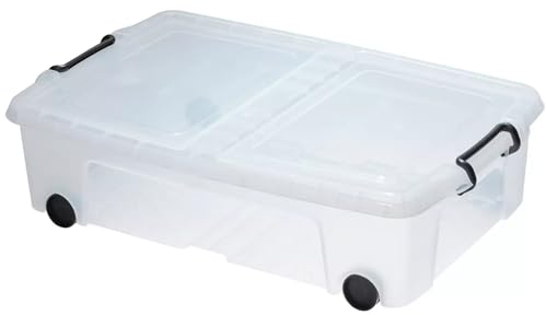 Muddy Hands Pack of 2 - Large 35 Litre Clear Plastic Storage Boxes with Lids & Wheels Long Under Bed Stackable Containers