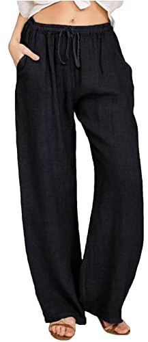 CheChury Damen Leinenhose Weite Sommerhosen Leicht mit Elastischem Bund Casual Loose Fit Trousers Freizeithose mit Taschen Frauen Hosen Hippie Boho Haremshosen