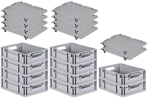 PROREGAL SparSet 10x Eurobox NextGen Grip mit Auflagedeckel & 4 schwarzen Schiebeschnappverschlüssen, HxBxT 12x30x40cm, 11 L, Grau, Griffe offen, Eurobehälter, Transportbox