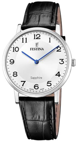 Festina Swiss Made Reloj Hombre Analógico de Cuero Negro - Movimiento de Cuarzo - Cristal Zafiro de Alta Resistencia - Resistente al Agua 5 ATM Elegante F20012/5 Classic Leather