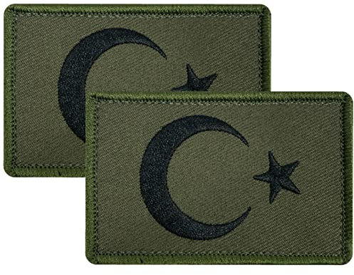 ZETTMANN® [ 2 Stück ] Türkische Flagge Aufnäher mit Klettverschluss als Patch I für T-Shirt Jacke Pullover Türkische Fahne Bayrak Asker Bozkurt Zeichen Camouflage ca. 8 x 5cm (Ayyildiz Oliv)