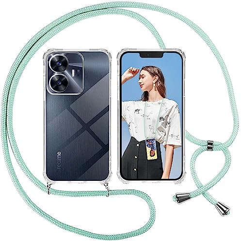 ISOI Funda con Cuerda para Realme C55, Carcasa Transparente TPU Suave Silicona Case con Correa Colgante Ajustable Collar Correa de Cuello Cadena Cordón, Verde