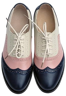 CrazycatZ Damen Leder Oxford Schuhe Schnürspitze Bunte Leder Vintage Bunte Oxford Schuhe (Pink+Blue, eu_Footwear_Size_System, Adult, Women, Numeric, medium, Numeric_37)