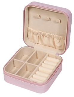 Himilucky Jewellery Box Organiser, Faux Leather Travel Jewellry Case with Zippers, Portable Small PU Jewelry Organiser Storage for Rings Earrings Necklace Bracelets for Girls Women, Pink