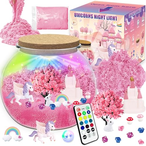 Kinder Leuchtendes Einhorn Terrarium Set für Mädchen Alter 4, 5, 6, 7, 8–12 Jahren, Einhorn Geschenke Enthalten Magischem Sand, Kaninchen, DIY Einhorn Nachtlicht, Ideale Kunst Bastelgeschenke