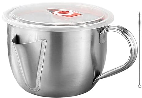 Chansunokku Grease Separator Jug Grease Separator Stainless Steel 1000 ml, Soup Strainer Sauce Bowl Degraising Pot with Lid & Brush, Grease Oil Filter Grease Separator Jug, Grease Jug Kitchen Tools